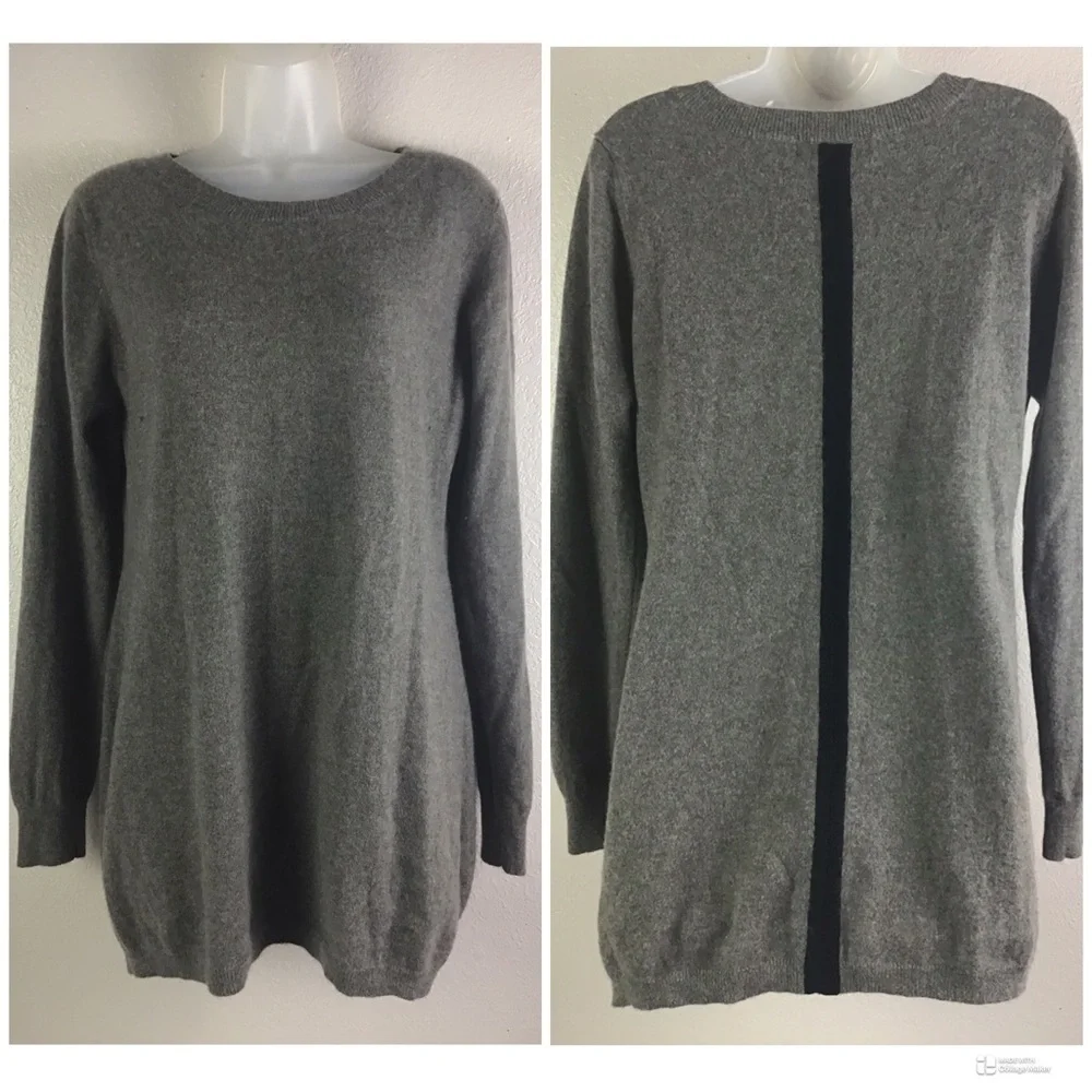 Ply Cashmere Women’s XL Crew Neck Gray Tunic Sweater Black Stripe on Back